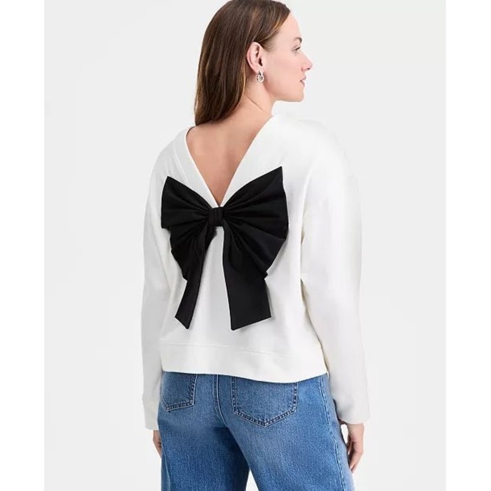 ON-34TH Womens Cream Sweatshirt Oversized Black Back Bow Pullover Large